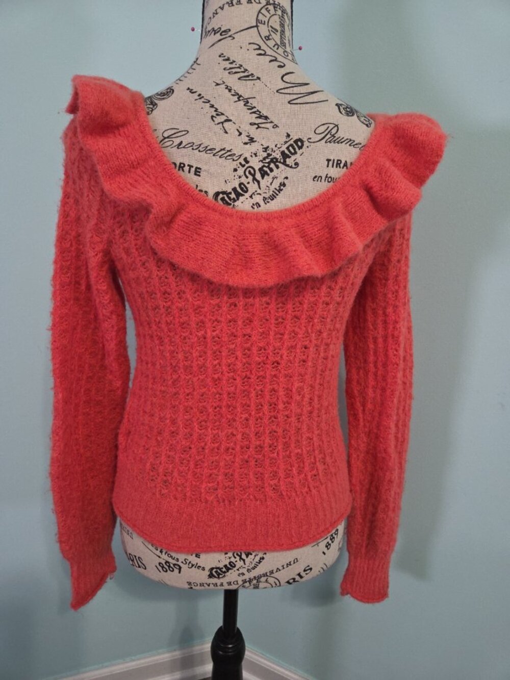 Anthropologie Cropped Sweater Coral Long Sleeve Ruffle Neck Waffle Knit Size XS